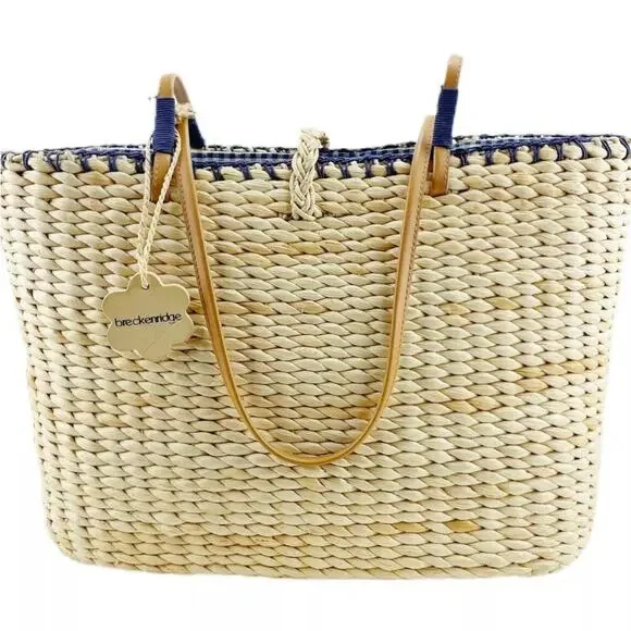 Breckenridge Straw Tote Bag Purse Blonde Wicker Picnic Blue Check Teacup Bee - Picture 5 of 10
